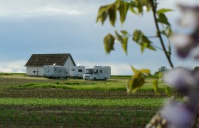 Wohnmobilstellplatz beim Presshaus, © Carmen Scheiblhofer Wohnmobile auf einem Feld neben einem kleinen Gebäude, umgeben von grüner Landschaft und einem bewölkten Himmel.