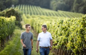 Zwei Männer gehen lächelnd durch einen Weinberg.