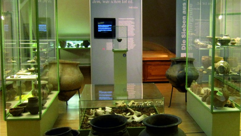 Museumsausstellung mit antiken Tongefäßen und Vitrinen.