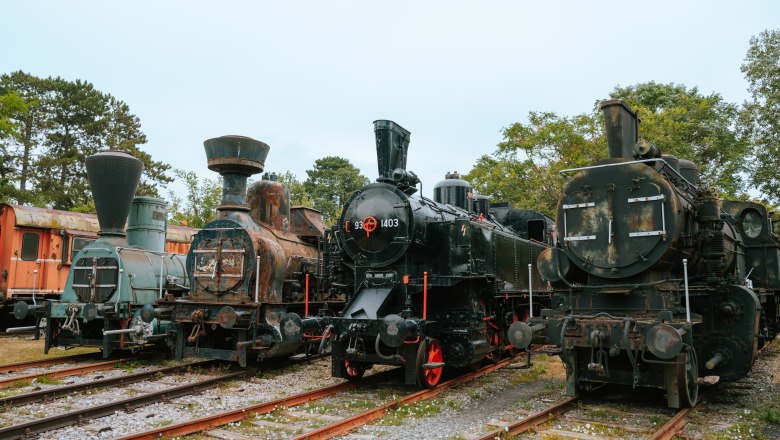 Alte Dampflokomotiven im Freien auf Schienen im Eisenbahnmuseum Strasshof.