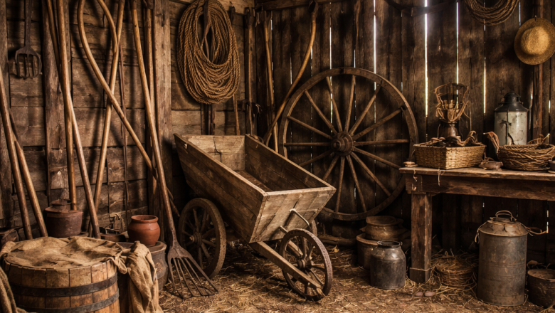 Innenansicht einer alten Scheune mit verschiedenen landwirtschaftlichen Werkzeugen wie Sensen, Rechen und einem Holzkarren.