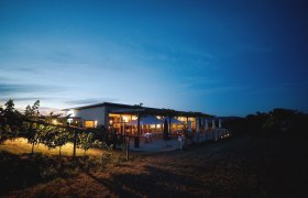 Abendaufnahme einer beleuchteten Buschenschank mit Weinreben im Vordergrund und blauem Himmel im Hintergrund.