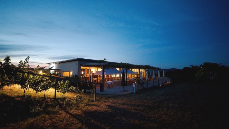 Abendaufnahme einer beleuchteten Buschenschank mit Weinreben im Vordergrund und blauem Himmel im Hintergrund.