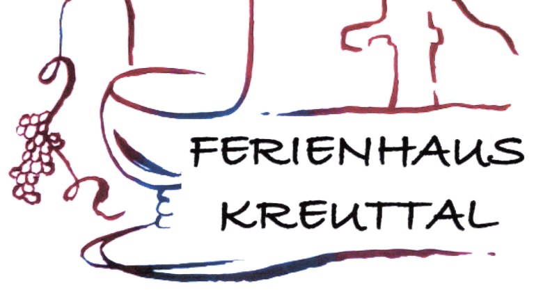 Logo des Ferienhauses Kreuttal mit Weinflasche, Trauben und Hausumriss.