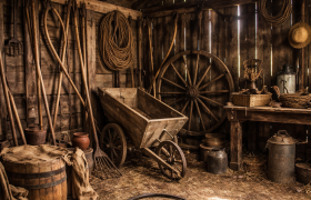 Innenansicht einer alten Scheune mit verschiedenen landwirtschaftlichen Werkzeugen wie Sensen, Rechen und einem Holzkarren.